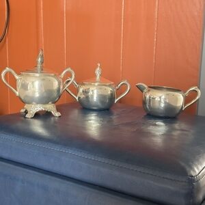 Silver Plated Sugar, Creamer and Covered Dish Set - Silver